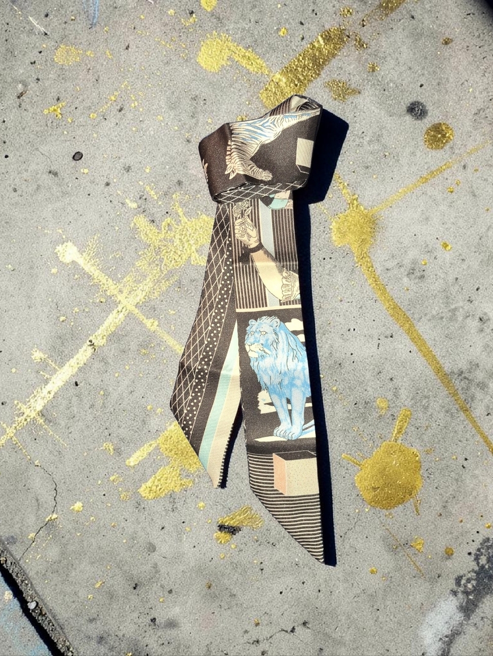 Twilly-style Satin Scarf Tie with Blue Lion Motif